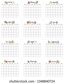 Universal calendar grid for the whole year with handwritten month names and cute pictures: maneki neko, oranges, pencils, notepads, in clear vector style. For children, students, office workers.