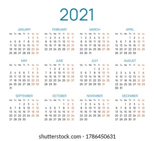 Universal calendar layout for 2021 year. English template with dates grid on white background. Week starts from Monday. Horizontal annual calendar vector design for time organization and planning.