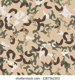 Universal camouflage of various shades of beige, brown, green and white colors. It is a colorful seamless pattern that can be used as a camo print for clothing and background, backdrop or wallpaper