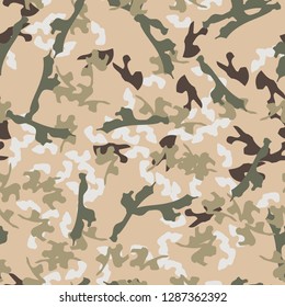 Universal camouflage of various shades of beige, brown, green and white colors. It is a colorful seamless pattern that can be used as a camo print for clothing and background, backdrop or wallpaper