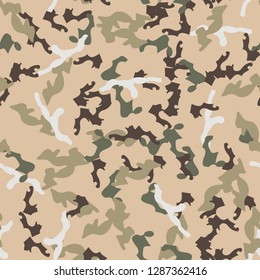 Universal camouflage of various shades of beige, brown, green and white colors. It is a colorful seamless pattern that can be used as a camo print for clothing and background, backdrop or wallpaper