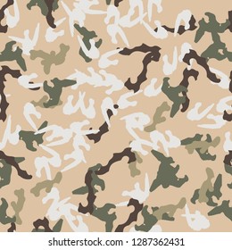 Universal camouflage of various shades of beige, brown, green and white colors. It is a colorful seamless pattern that can be used as a camo print for clothing and background, backdrop or wallpaper