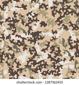 Universal camouflage of various shades of beige, brown, green and white colors. It is a colorful seamless pattern that can be used as a camo print for clothing and background, backdrop or wallpaper