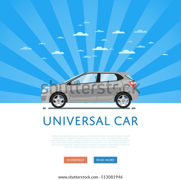 Universal car banner. City automobile isolated
on blue sky background with sunbeam ray. Vector hatchback car
illustration. Modern family universal car for selling, leasing or
renting promo
banner
