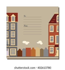 Universal card with old European style buildings. Amsterdam houses.