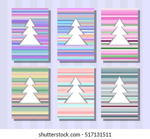 Universal card, striped background and realistic carved figures spruce. Material design, poster in a minimalist style. Christmas tree, New Year invitation, vector EPS10