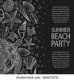 Universal card template with nautical theme - sea shells, starfish, seastar, mollusk silhouettes. Design concept for  beach party, save the date invitations or others. Colors of silver