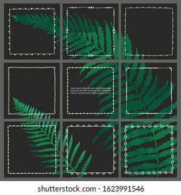 Universal card templates set with drawn line frames and fern leaves