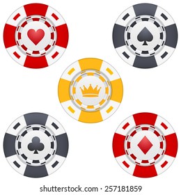 Universal casino chips with playing cards icons and crown. Vector illustration isolated on white background.