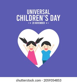 Universal Children's Day. 20 November. Boy and girl characters in heart-shaped frame. Flat design vector illustration.