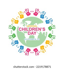 Universal childrens day background. Design with colorful childrens hand prints and earth. Vector illustration design.