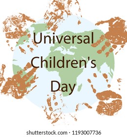 Universal Children's Day background. Hand in vector style against the background of the planet Earth. Child's palm. Vector illustration