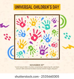 Universal Kindertag Hintergrund mit vielen Kinderhandabdrücken an einer Wand