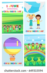 Universal Childrens Holiday posters set. Special day in beginning of summer. Vector colorful poster of four 1 June cards with happy entertaining kids.