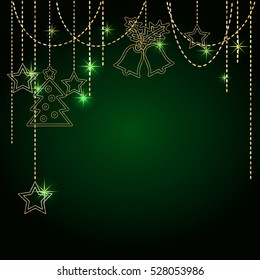 Universal Christmas blank for cards, invitations and posters. Luxury style gold elements on a green background. Vector EPS 10