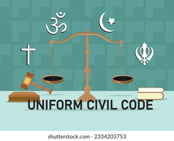 Universal Civil Code for All Religions in India Illustration with a Set of Icons of Wooden Gavel, Law Books, Balance Scale and Religious Symbols