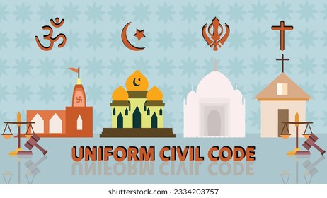 Universal Civil Code Conceptual Illustration - One Law for All Indian Religions Representation with Icons of Temple, Mosque, Gurudwara and Church with Religious Symbols