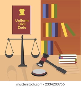 Universal Civil Code forAll Religions in India Illustration with Icons of Books, Book Shelf, Balance Scale, Wooden Gavel - One Legal Framework for All Indian Religions