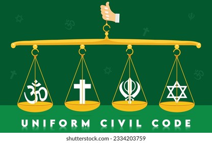 Código Civil Universal Ilustración con la escala de equilibrio con símbolos religiosos en las cuatro particiones - un marco legal para todas las religiones en India 