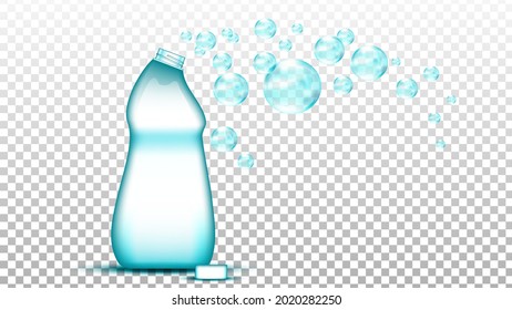 Universal Cleaner Blank Bottle And Bubbles Vector. Detergent Cleaning Substance For Washing Clothes In Laundry Machine. Liquid Soap Plastic Container Template Realistic 3d Illustration