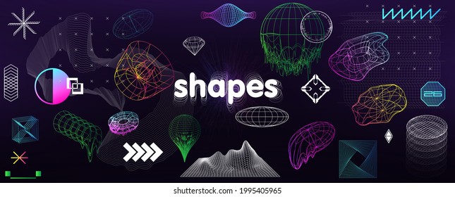 Universal colorful elements with glitch effect in memphis and vaporwave style in 80s and 90s. Retro futurism shapes collection. Abstract elements for trendy design - posters, merch, covers. Vector