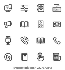 Universal communication line icons set, outline vector symbol collection, linear style pictogram pack. Signs, logo illustration. Set includes basic icons as contact book, music speaker, phone call
