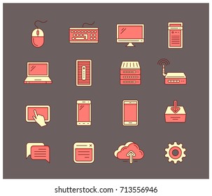 Universal computer icon set. Smartphones, computers, laptops and other network and mobile devices. Vector linear icons