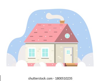 Universal concept of cute pink house during snowfall in winter. For advertising, mailing, postcards and letters. Rental housing during the winter holidays. Vector graphics. Flat.
