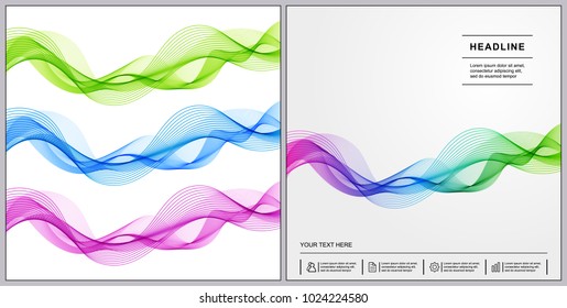 Universal Covers Design with Blue, Green, Pink, Gradient Wave Lines on White Background. Easy Editable. Set of Smooth Wavy Horizontal Curved Lines.
