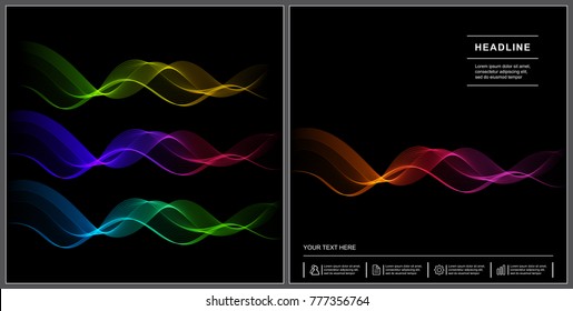 Universal Covers Design with Gradient Wave Lines on Black Background. Easy Editable. Set of Smooth Wavy Horizontal Colored Curved Lines with Glow Effect.