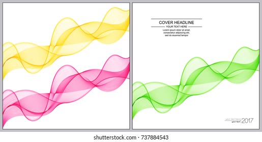 Universal Covers Design with Green, Pink, Yellow Wave Lines on White Background. Easy Editable. Set of Smooth Wavy Horizontal Curved Lines.