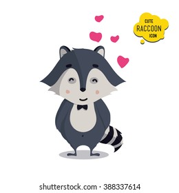 Universal cute happy raccoon, lover, amorous, in love. Vector illustration for educational applications, web icons