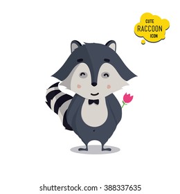 Universal cute happy raccoons lover, amorous, in love, surprised, with flower. Vector illustration for educational applications, web icon