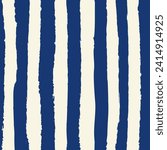 Universal dark navy blue and cream nautical marine coastal seamless repeat pattern with grunge torn texture jagged vector vertical cabana stripe