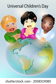 Universal Children's Day, Vektorgrafik. 3 Kinder und der Globus