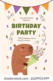 Universal design of children's birthday invitation with hand drawn capybara with clapper, firework, confetti. Cute flat style vector illustration in for party.
