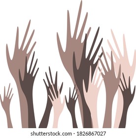 
Universal design template For message flyers, announcements on the topic of voting and anti-racism. Hands of different skin tones are raised up.