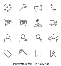 Universal E-commerce line icons set. linear style symbols collection, outline signs pack. vector graphics. Set includes icons as add to shop cart, purchase, delivery truck, price tag, bookmark, user