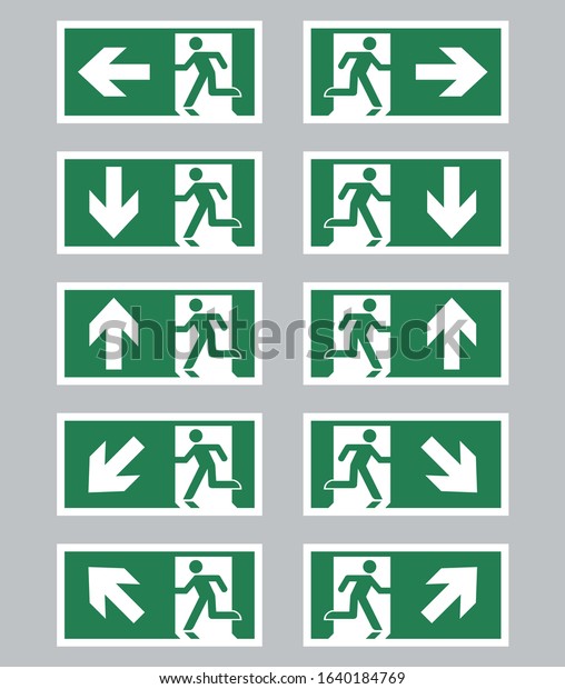 The universal emergency exit  symbols
standard size and color. ISO 7010 Emergency escape and first-aid
signs. Evacuation route, location of safety equipment.

