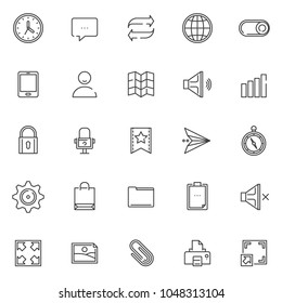 Universal essentials outline icons set. linear style symbols collection, line signs pack. vector graphics. Set includes icons as wall clock, speech bubble, browser globe, tablet, padlock, clipboard