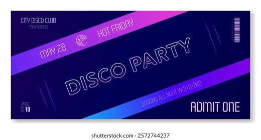 Universal event ticket template in neon colors. For parties, concerts, sport competitions and other events in youth dynamic style. Vector, for web and print. Just add your text.