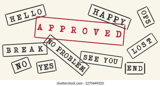 Universal every- day greetings stamps, seals exclamations, emotions, answers set in retro style