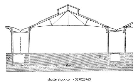 Exposición Universal de 1867, Sección Vertical de un pabellón, que muestra el sistema utilizado para el flujo de agua de lluvia, la tubería y la ventilación, ilustración vintage grabada. Magasin Pittoresque 1867.
