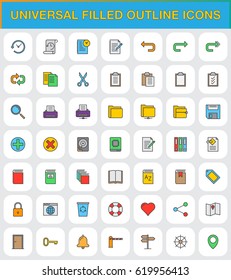 Universal filled outline icons set, vector symbol collection, linear style pictogram pack. Signs, logo illustration. Set includes icons as history, search, save, cut, form, book, lock, map, heart, key