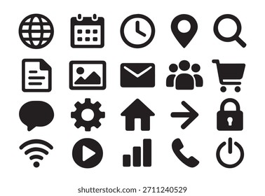 Conjunto de iconos web ui negros planos universales para interfaces digitales modernas