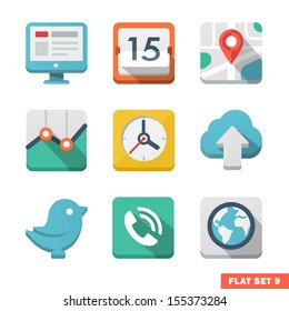 Universal Flat icon set. News, contacts, analitycs and communications.