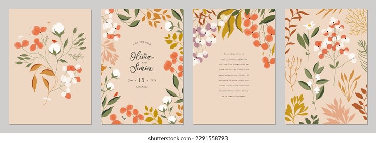 Universal floral art templates. Flowers, birds, bugs, leaves and twigs. For wedding invitation, birthday and Mothers Day cards, flyer, poster, banner, brochure, email header, post in social networks.