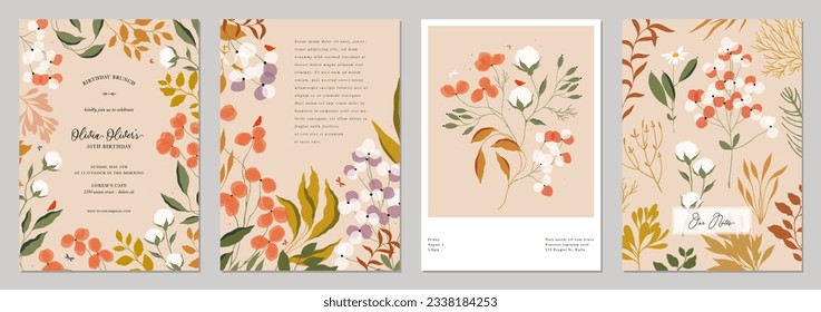 Universal floral art templates. Flowers, birds, butterfly, dragonfly, leaves and twigs. For wedding invitation, birthday and Mothers Day cards, flyer, poster, banner, brochure, menu, email header.