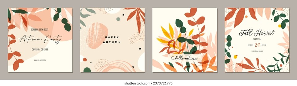 Universal floral Autumn square abstract templates. Suitable for social media posts, mobile apps, cards, invitations, banners design and web, internet ads. Vector illustration.