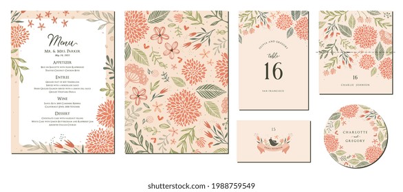 Suite de menú floral universal en colores cálidos perfecta para una boda de otoño o verano, invitaciones de cumpleaños y una ducha para bebés. 